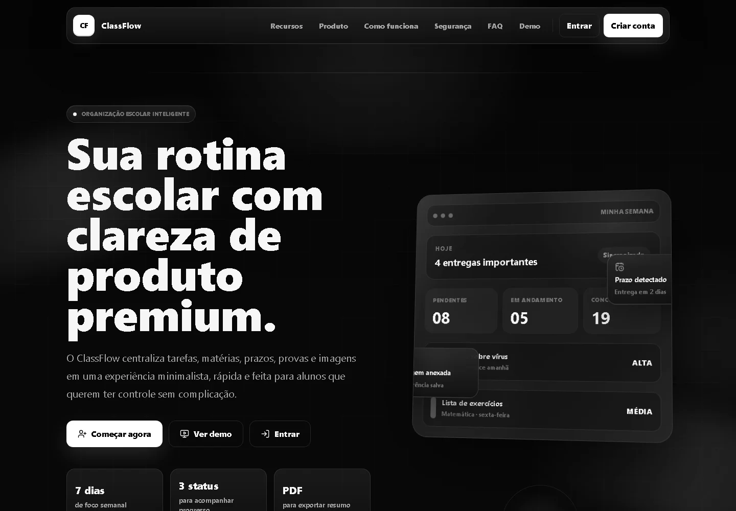Landing page real do ClassFlow apresentando a proposta de organização acadêmica