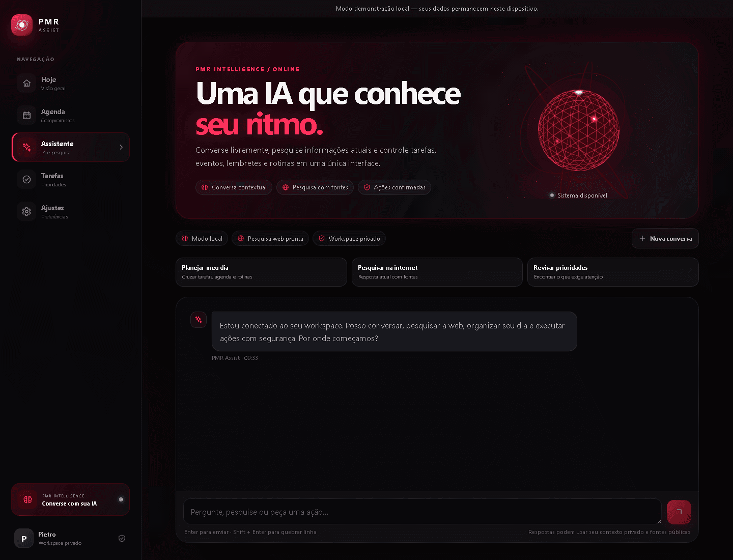 Interface real do modo demonstrativo local do PMR Assist com agenda e assistente