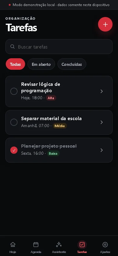 Lista de tarefas do PMR Assist em viewport mobile e modo demonstração