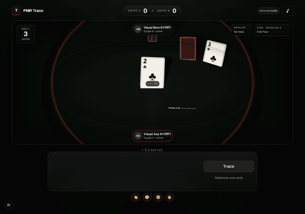 Mesa real de uma partida de PMR Truco com cartas, jogadores e placar