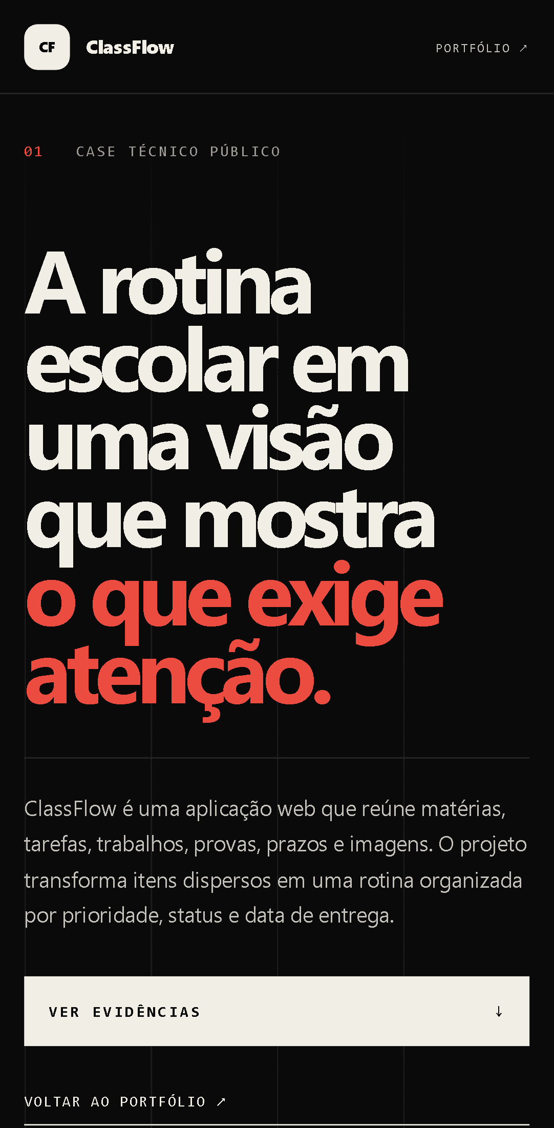 Versão mobile real do case público do ClassFlow com sua apresentação técnica