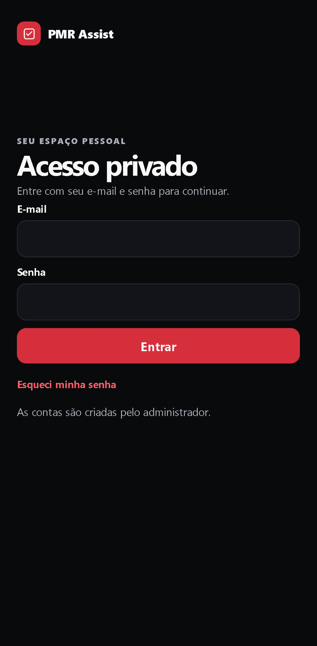 Tela mobile real de autenticação do PMR Assist