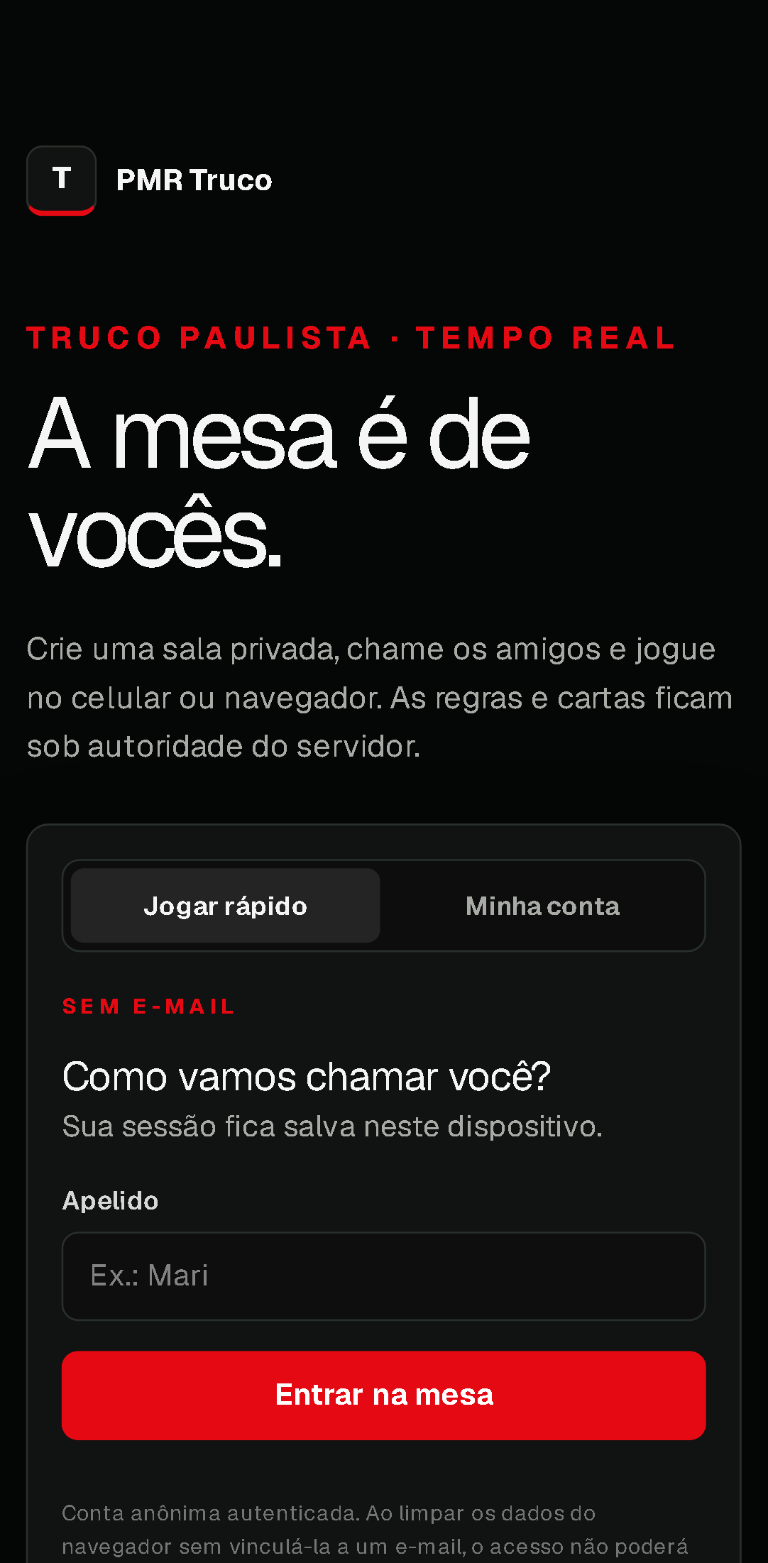 Tela mobile real de entrada do PMR Truco