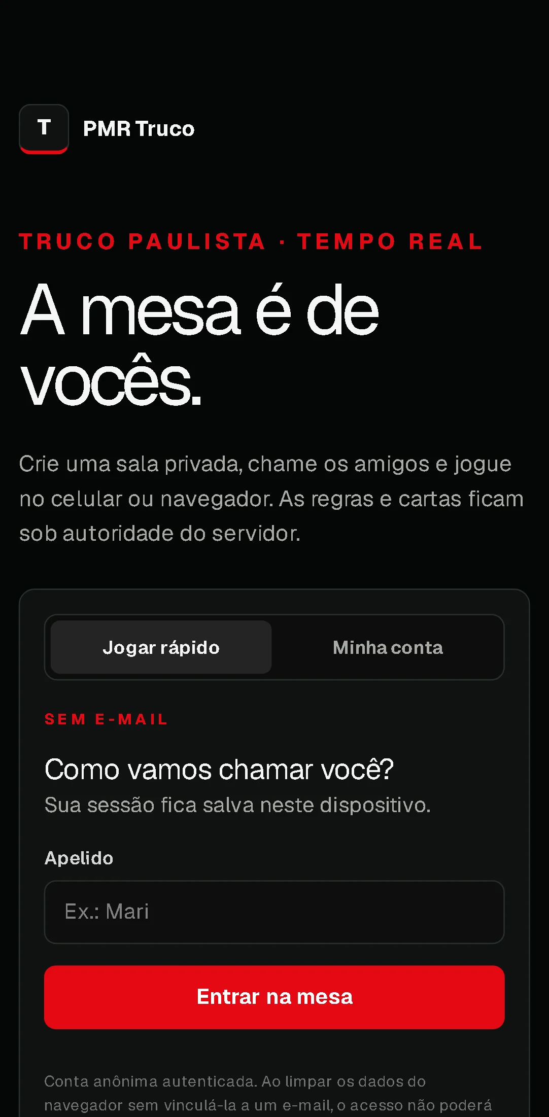 Tela mobile real de entrada do PMR Truco